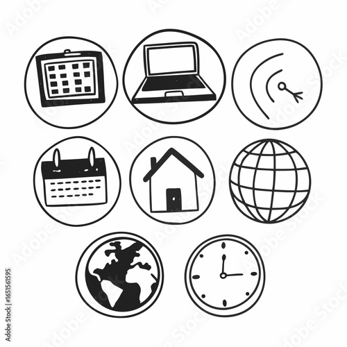 Collection of hand drawn icons representing business, communication, technology and time isolated on white background