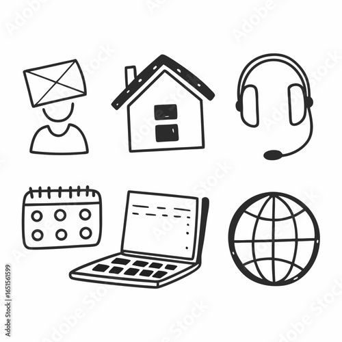 Hand drawn icons representing business, communication, technology and support, ideal for websites and applications isolated on white background