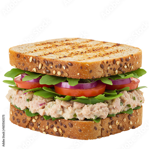 Delicious tuna salad sandwich with fresh vegetables isolated on transparent background