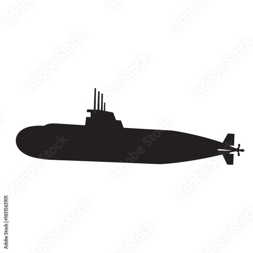 Black and white silhouette vector of submarine on white background