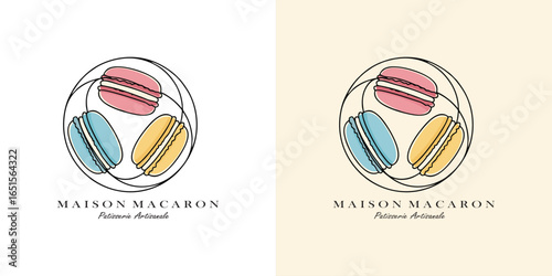 Macaron Logo Vector. Macarons logo template, suitable for restaurant, bakery and cafe. Sketch colorful graphic macarons cakes illustration, draft silhouette drawing,