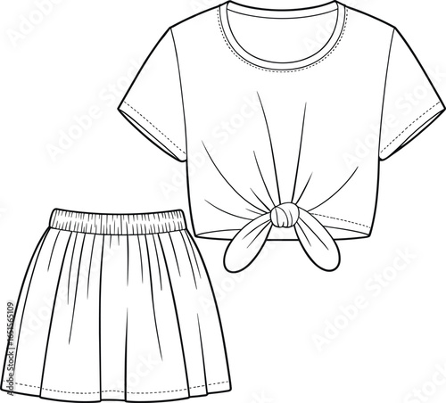 two piece outfit front and back view, cad drawing flat vector illustration, knotted crop top, high waist pleated skirt, stitching details, casual garment construction, apparel design template