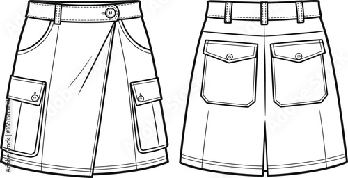 skirt front and back view, cad drawing flat vector illustration, flap pockets, button closure waistband, belt loops, center pleat design, fashion garment construction, apparel design template