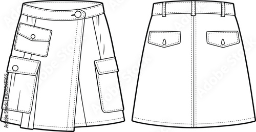 wrap skirt front and back view, cad drawing flat vector illustration, flap pockets, button closure waistband, belt loops, pleated design, fashion garment construction, apparel design template