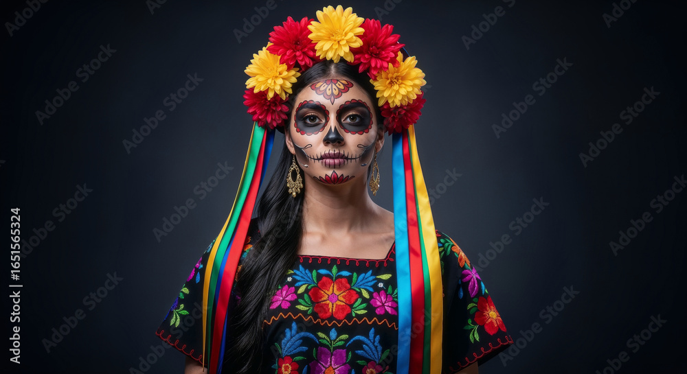 Fototapeta premium Beautiful portrait of young Mexican woman standing and looking at camera with Catrina makeup and floral headdress on dark studio background for Día de los Muertos
