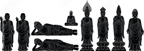 Buddha statues vector illustration, multiple poses including standing, reclining, and meditative, cultural and religious art icon, Buddhist sculpture graphic design