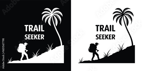 Silhouette of a hiker with a backpack climbing a hill towards a palm tree with the text trail seeker, representing adventure and exploration