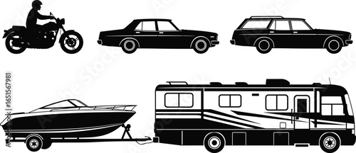 Silhouettes of motorcycle, sedan car, station wagon, motorhome RV, and boat trailer, diverse personal and recreational transportation concept vector graphic illustration