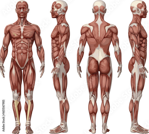 Detailed human muscular system anatomy illustration showing front, side, and back views, educational medical vector graphic for biology, physiology, and fitness training themes