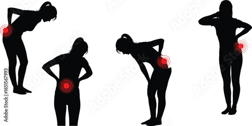Silhouettes of four people showing pain points in lower back and hip areas, medical health vector illustration for posture, injury, and discomfort concepts