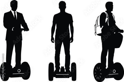 Three people riding Segways silhouette, business professional, casual rider, and student traveler figures, personal transportation diversity concept, urban mobility vector graphic illustration