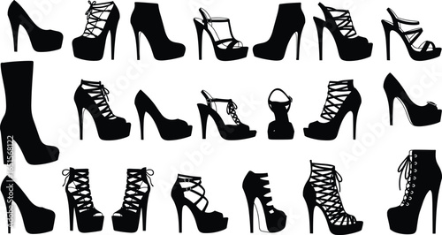 Set of twenty high‑heeled shoe silhouettes including stilettos, platforms, boots, and sandals, minimalist black vector illustration for fashion, footwear, and style themes