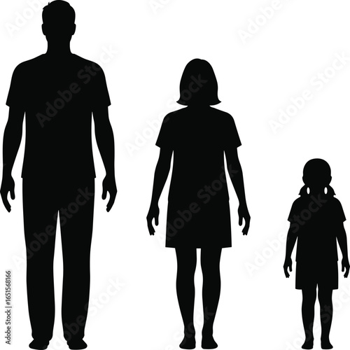 Silhouette height comparison, adult male, adult female, child standing, family generations, people side by side, body proportion, age difference, vector illustration, human figures