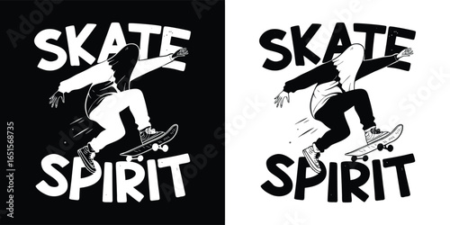 Dynamic silhouette of a skateboarder in action with the word skate spirit, representing extreme sport and urban lifestyle, in black and white contrast