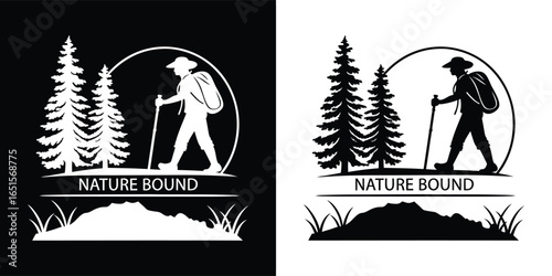 Silhouette of a hiker with a backpack and trekking pole in a forest, with text nature bound and grass below, presented in black and white