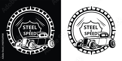 Vintage hot rod car with steel speed text in a circular emblem, presented in both black and white versions for versatile design use