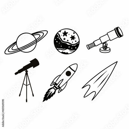 A collection of space icons featuring planets, telescopes, a rocket, and a comet, perfect for educational or design projects, isolated on white background