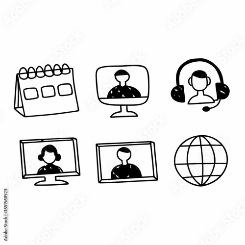 Hand drawn online meeting and communication icons isolated on white background vector illustration of calendar, computer, headset and globe