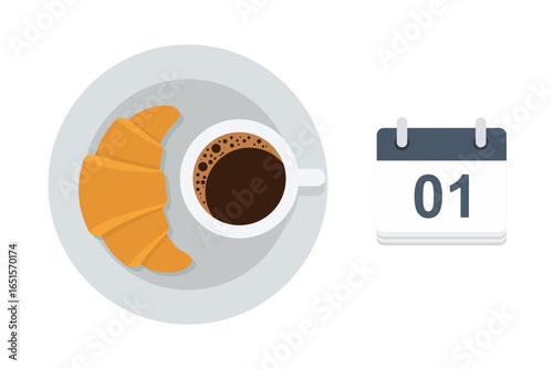 Illustration of a fresh croissant and coffee served on a plate, alongside a calendar displaying the date. Represents breakfast, daily routines, or relaxing morning moments