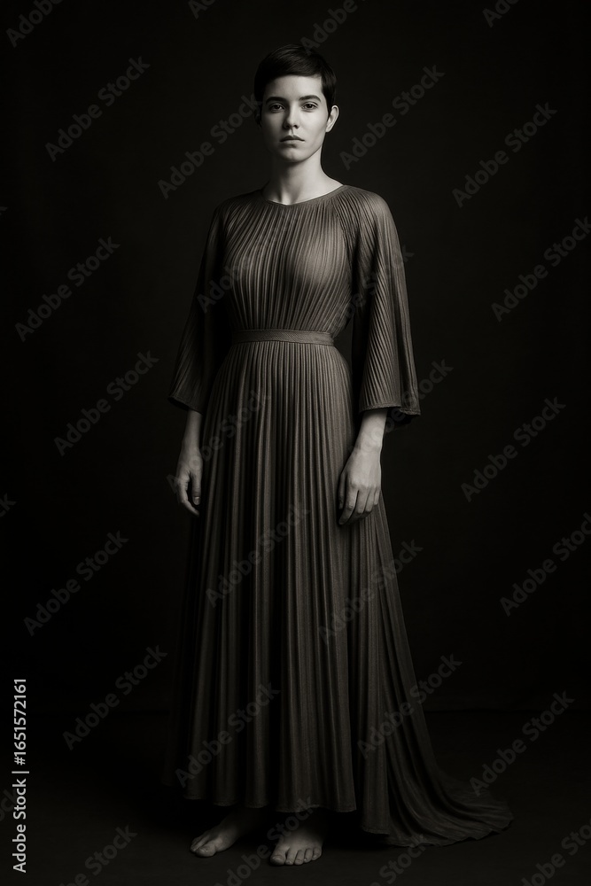 Naklejka premium Elegant caucasian female in long pleated dress in monochrome studio portrait