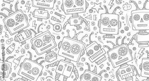 A chaotic black and white doodle pattern of various cartoon robot heads and mechanical parts.