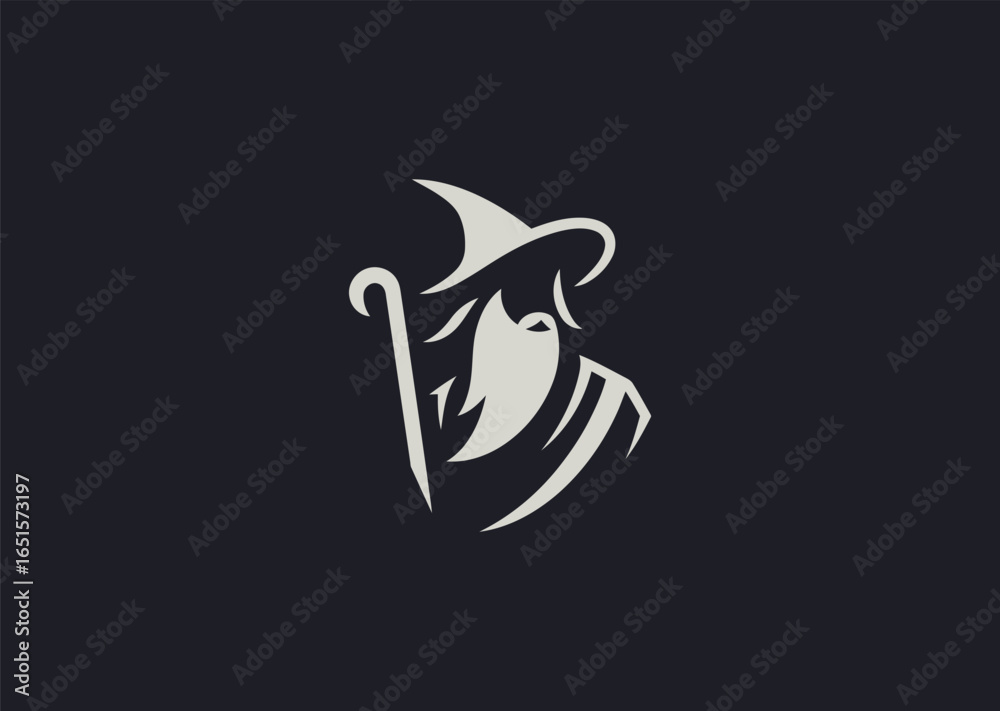 Obraz premium A magical minimalist wizard silhouette logo in line art, representing mystery, wisdom, and arcane power.