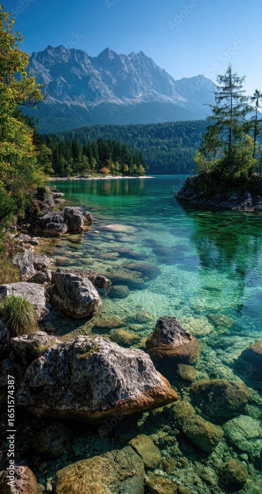 Fototapeta premium Crystal-clear alpine lake, shallows with rocks, forested shore, mountains in background under a vibrant blue sky
