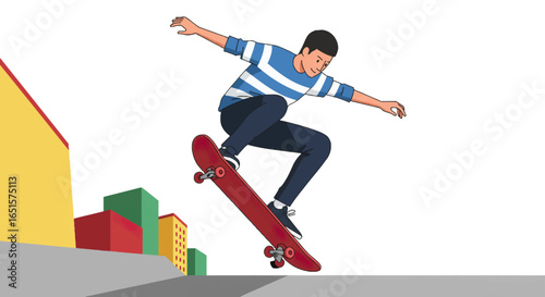 Skateboarder in Mid-Air: Red Skateboard, Blue Striped Shirt, Dark Pants