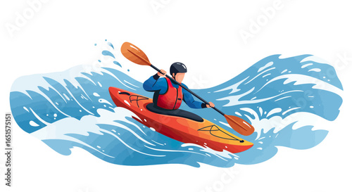 Dynamic illustration of a kayaker in a red life vest paddling an orange kayak through turbulent blue waves.