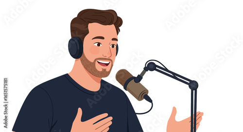 Cartoon Man with Headphones Speaking into Microphone for Podcast Recording