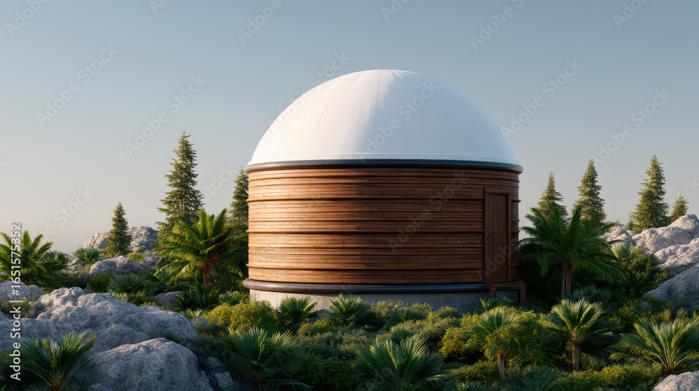 Fototapeta premium A modern observatory with a wooden structure and a domed roof, nestled among lush greenery and rocky terrain.