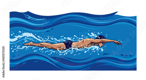 Dynamic illustration of a muscular male swimmer in a black cap performing the front crawl stroke.