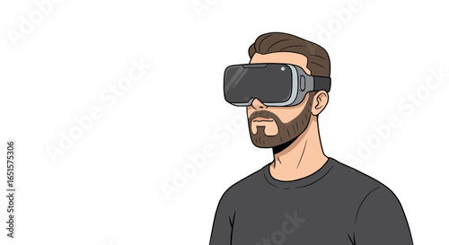 Illustrated portrait of a bearded man with brown hair wearing a modern virtual reality headset.