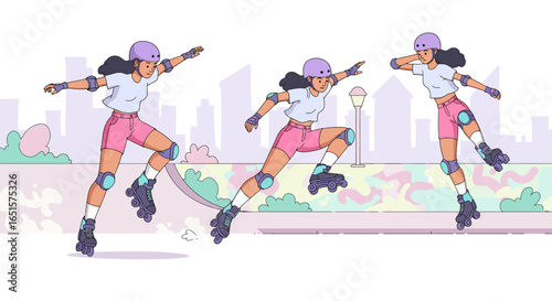 Dynamic cartoon illustration of a woman in three roller skating poses wearing protective gear and pink shorts.