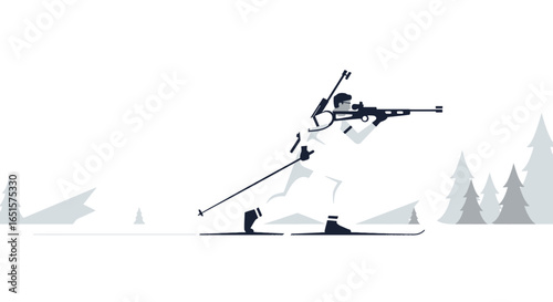 Stylized biathlete skiing with a rifle, a minimalist vector illustration of a winter sport athlete in action.