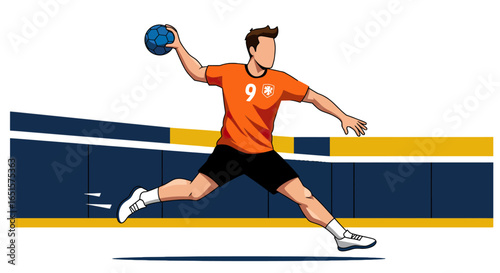 Faceless male handball player in an orange jersey with number 9, captured mid-air in a dynamic jump shot pose.