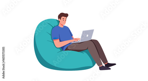 A young man in casual clothes working on a laptop, comfortably seated on a teal beanbag chair.