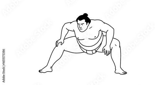 Sumo Wrestler in Ready Stance, Black Outline Illustration on White