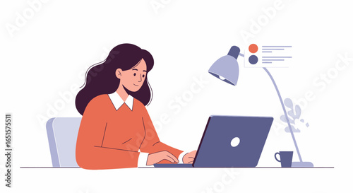 Illustration of a young woman with dark hair in an orange sweater working on a laptop at a desk.