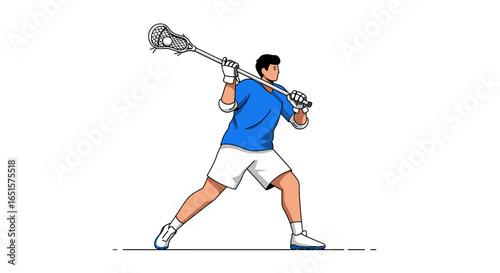 Male athlete in a blue jersey and white shorts in a powerful lacrosse throwing pose.