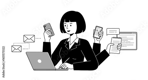 Productive businesswoman with four arms multitasking on a laptop, smartphones, and notepad in a minimalist black and white style.