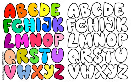 Cute coloring page with English alphabet letters, colorful and outline style. Fun ABC for kids, capital letters for childrens education, learning and coloring book. Vector illustration.