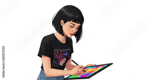 Young Woman Artist Drawing on Digital Tablet with Colorful Design