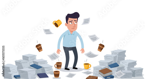 Exhausted cartoon businessman with dark circles under his eyes, surrounded by piles of paperwork and coffee cups.