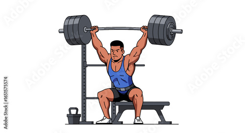 Cartoon Man Lifting Barbell on Bench Press Machine with Weights