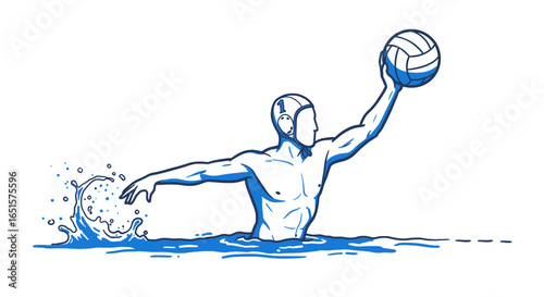 Stylized blue line art of a water polo player with cap number one, holding a ball aloft.