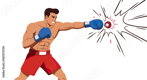 Determined muscular boxer in red shorts and blue gloves throwing a powerful knockout punch.