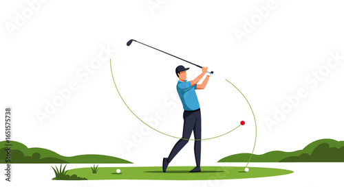 Faceless male golfer in a blue polo shirt and cap executing a powerful follow-through swing.
