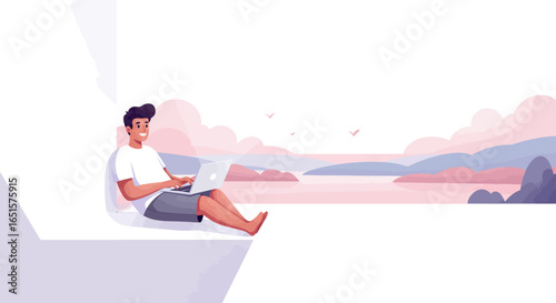 A happy young man in casual wear sitting relaxed and working remotely on a laptop computer.