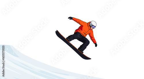 Stylized cartoon snowboarder in an orange jacket and white helmet caught in mid-air.